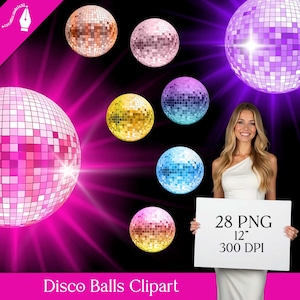 Bundle de cliparts boules disco PNG - 28 graphiques rétro avec des éclats de lumière et des étincelles - téléchargement numérique instantané pour les modèles rétro de soirée de bal