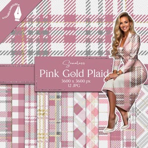 Puede incluir: Un conjunto de 12 patrones digitales sin costuras con un diseño de cuadros rosa y dorado. Los patrones son de 3600 x 3600 píxeles y son perfectos para usar en scrapbooking digital, manualidades y otros proyectos creativos.