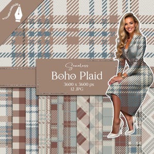 Boho Plaid Digital Paper | Earthy Seamless Patterns | Pastel Green and Beige Tartan | Rustic Checkered Backgrounds | Cozy Mocha Mousse JPG