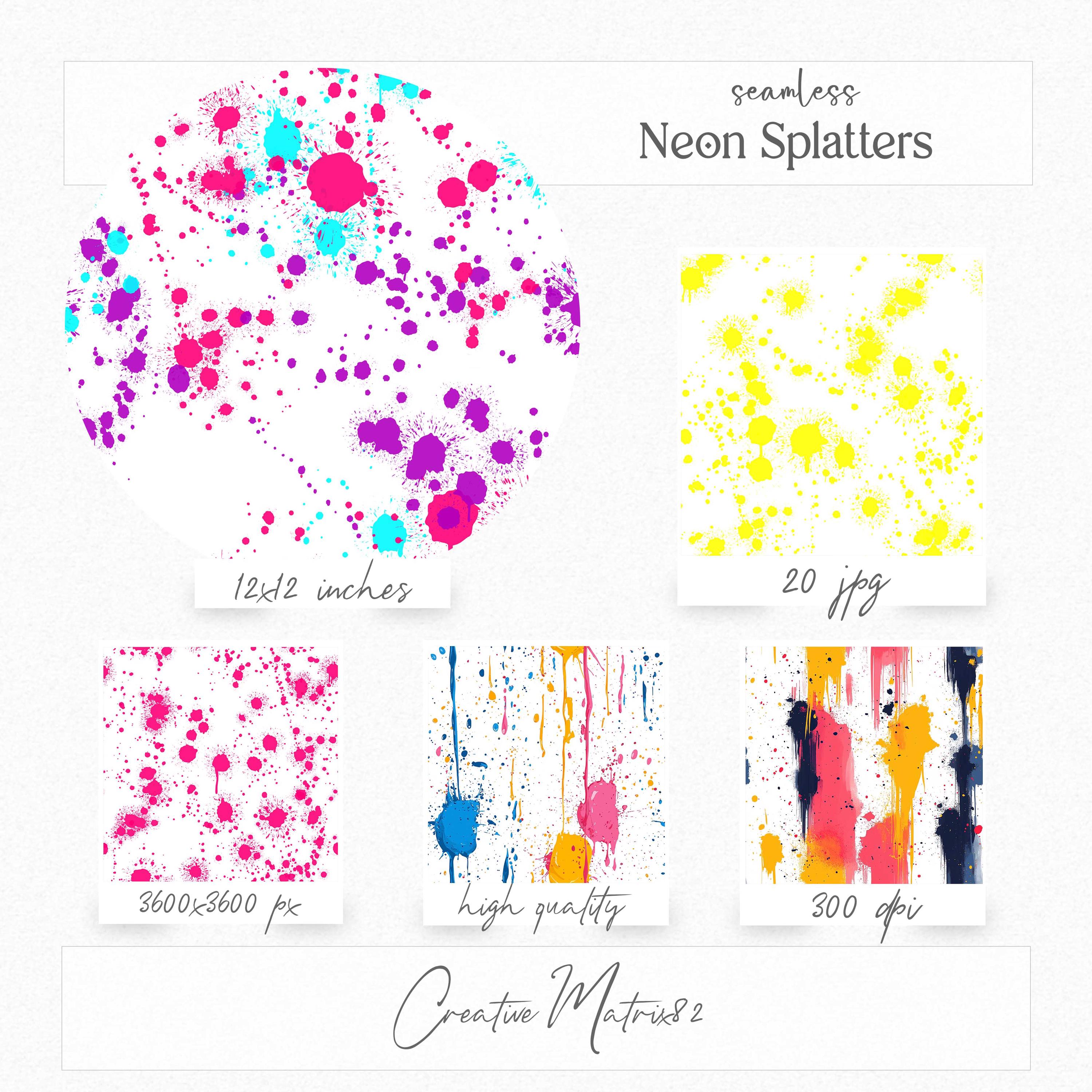 Neon Paint Splatters Digital Paper Pack Seamless Grunge Ink Backgrounds ...