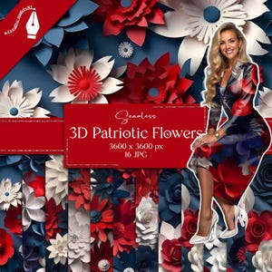 Papel digital con flores patrióticas en 3D / Patrones sin costuras del 4 de julio / Rosas y margaritas florales en formato JPG / Texturas con temática estadounidense del Día de la Independencia