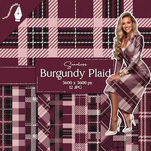May include: A seamless pattern of burgundy, pink, and black plaid. The pattern is repeated throughout the image. The text "Seamless Burgundy Plaid 3600 x 3600 px 12 JPG" is displayed in the center of the image.