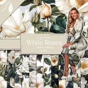 May include: A set of 12 seamless digital paper patterns featuring white roses and green leaves. The patterns are 3600 x 3600 pixels and are in JPG format. The text "Seamless White Roses" is displayed in the centre of the image.