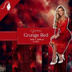 Puede incluir: Un diseño de arte digital con una textura grunge roja y el texto "Seamless Grunge Red". La imagen incluye a una mujer con un vestido rojo y tacones blancos. El diseño es de 3600 x 3600 píxeles e incluye 16 archivos JPG.