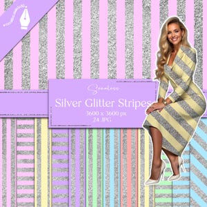 May include: A set of 24 digital seamless patterns featuring silver glitter stripes on a pastel background. The patterns are 3600 x 3600 pixels and are perfect for crafting, scrapbooking, and digital design projects.