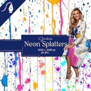 Neon verfspetters digitaal papierpakket – Naadloze grunge-inktachtergronden, levendige spuittextuur, cyaan paintballdruppels, abstracte kunstafdrukken