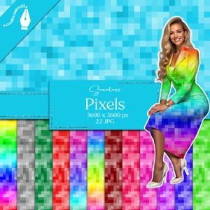 May include: A digital art design featuring a woman in a rainbow-colored suit, sitting in front of a blue pixelated background. The image includes the text "Seamless Pixels" and the dimensions 3600 x 3600 px, 22 JPG.