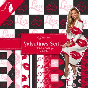 Puede incluir: Un conjunto de 25 patrones digitales sin costuras para el Día de San Valentín con varios diseños, que incluyen corazones, labios, flechas y la palabra "Love" en diferentes estilos. Los patrones son en rosa, rojo, negro y blanco.