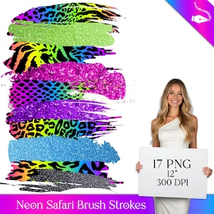 Puede incluir: Una colección de trazos de pincel de safari neón en varios colores y patrones, incluyendo estampado de leopardo, rayas de cebra y texturas brillantes. La imagen incluye el texto "17 PNG 12" 300 DPI" en un letrero blanco sostenido por una mujer.
