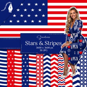 Papel digital sin costuras con estrellas y rayas: patrones del 4 de julio en rojo, blanco y azul, chevron, bandera estadounidense, lunares, tema de EE. UU., espiga.