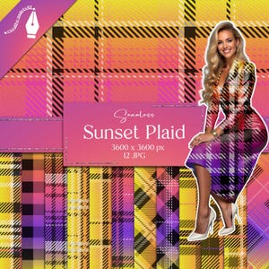 Può includere: Un pacchetto di carta digitale con 12 motivi a quadri senza cuciture in tonalità di giallo, arancione, rosa, viola e nero. I motivi sono chiamati "Sunset Plaid" e sono di 3600 x 3600 pixel.