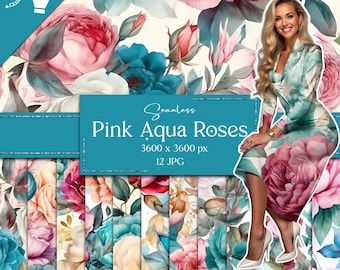 Pink Turquoise Roses Digital Paper, Vintage Floral Background, Retro Watercolor Peonies, Seamless Pattern, Teal Aqua Blush Gold, Shabby Chic