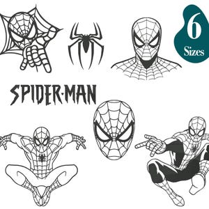 Puede incluir: Ilustraciones en blanco y negro de Spider-Man en varias poses, incluyendo una telaraña, un símbolo de araña y la máscara de Spider-Man. La palabra "SPIDER-MAN" está escrita en negrita. Un gráfico verde azulado indica "6 Tamaños".