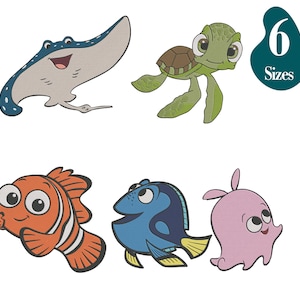 May include: A set of five embroidered marine animal designs including a blue and white stingray, a green sea turtle, an orange and white clownfish, a blue tang fish, and a small pink octopus. A teal shape contains the white text 6 Sizes.