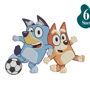 Bordado de bola de futebol Bluey e Bingo, arquivo de bordado Bluey e bordado de bingo, design de bordado Bluey, 6 tamanhos, download instantâneo