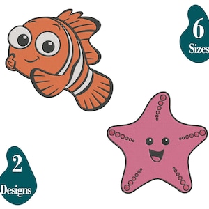 Könnte beinhalten: Ein Cartoon-Bild mit einem orangefarbenen Fisch mit weißen Streifen und einem rosa Seestern. Der Text "6 Größen" und "2 Designs" ist ebenfalls in Türkis auf weißem Hintergrund zu sehen.