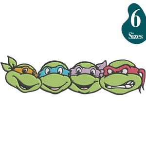 May include: An embroidery design featuring four green turtle heads in a row, each wearing a different coloured mask: orange, blue, purple, and red. A dark teal shape in the upper right corner contains the white text 6 Sizes.