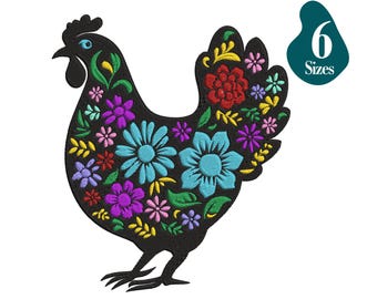 May include: Black silhouette of a chicken with a floral pattern. The pattern includes red, pink, blue, yellow, and green flowers. The chicken is facing left.