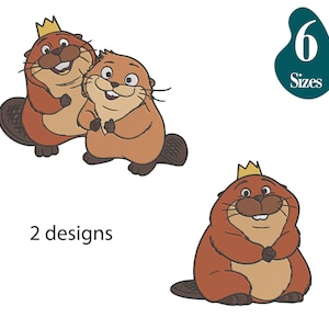 Può includere: Sono presenti tre castori dei cartoni animati in tonalità marroni e beige. Due castori sono insieme e un castoro è da solo. Ogni castoro ha una corona. È incluso anche il testo "2 designs" e "6 Sizes".