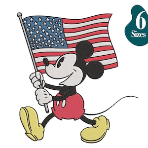 May include: Mickey Mouse cartoon character holding an American flag, walking with a red, white, and blue color scheme.