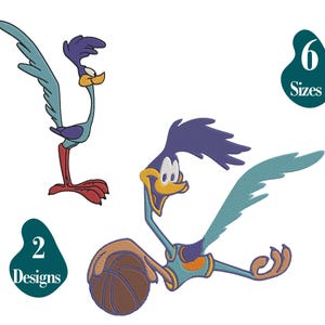 May include: Two cartoon images of the Road Runner in various poses. One image shows the Road Runner standing, while the other shows the Road Runner holding a basketball. The image also includes text that says "2 Designs" and "6 Sizes".