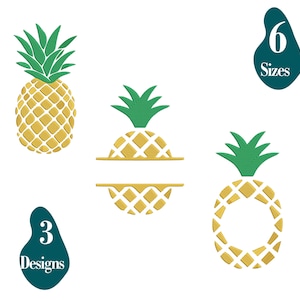 Puede incluir: Tres diseños de patrones de bordado de piña. Los diseños de piña son en oro y verde. Los diseños están disponibles en seis tamaños.