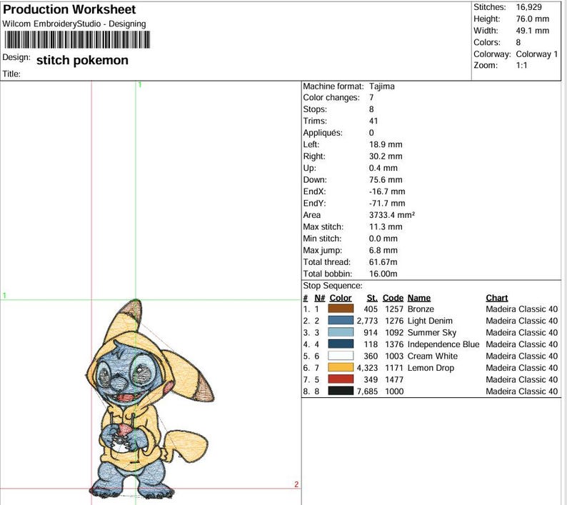 Stitch Blue Color Code Stitch Pikachu Embroidery Design, 5 Sizes (digital Download) - Etsy