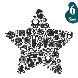 May include: Black and white star-shaped design composed of various video game character icons. The design includes mushrooms, stars, coins, and other recognizable elements. The image also includes the text "6 Sizes" in a teal-colored shape.