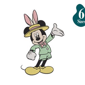 Peut inclure: Mickey Mouse portant un costume vert, un chapeau jaune et des oreilles de lapin roses. Il salue de la main droite.