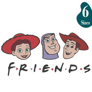May include: A graphic featuring three cartoon character faces, each with distinct features and colors. The word "FRIENDS" is written below in a playful font, with the letter "I" replaced by a dot. A teal graphic indicates six sizes.