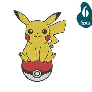 May include: Yellow Pikachu cartoon character sitting on a red and white Poké Ball.