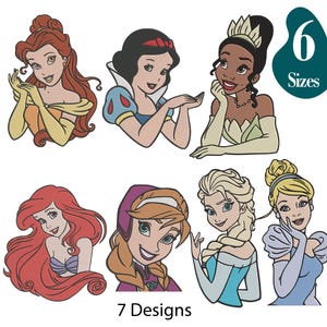 Puede incluir: Siete diseños de dibujos animados coloridos de princesas de Disney, incluyendo a Bella, Blancanieves, Tiana, Ariel, Anna, Elsa y Cenicienta. La imagen también incluye el texto "6 Tamaños" y "7 Diseños".