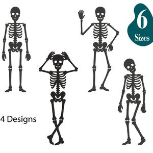 May include: Black skeleton illustrations in various poses, including standing, waving, and with hands on head. The image includes the text "4 Designs" and "6 Sizes" on a teal background, suitable for Halloween decor.