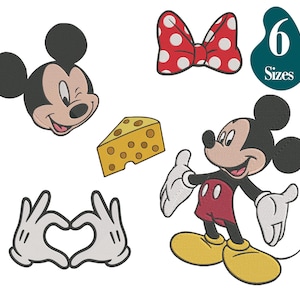 Puede incluir: Una colección de imágenes de estilo caricatura con Mickey Mouse, un lazo rojo con lunares blancos, una cuña de queso y manos formando un corazón. La imagen también incluye el texto "6 Sizes" sobre un fondo verde azulado. Mickey Mouse se muestra en varias poses.