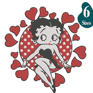 Könnte beinhalten: Gesticktes Design mit einer Cartoon-Frau mit schwarzen Haaren und einem schwarzen Kleid, umgeben von roten Herzen. Die Frau ist vor einem roten Hintergrund mit Polka-Dots platziert. Ein türkisfarbenes Etikett in der oberen rechten Ecke zeigt "6 Größen".