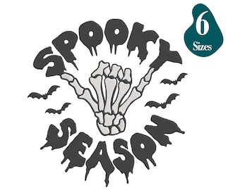 May include: Black and white Halloween design featuring the text "SPOOKY SEASON" in a dripping font, a skeleton hand, and several bat silhouettes. A teal graphic indicates six size options.
