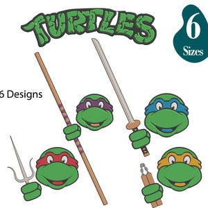May include: An image featuring six designs of Teenage Mutant Ninja Turtles. The image includes the word "Turtles" in green, along with six different turtle faces, each with a different coloured mask and weapon. The image also includes the text "6 Designs" and "6 Sizes".
