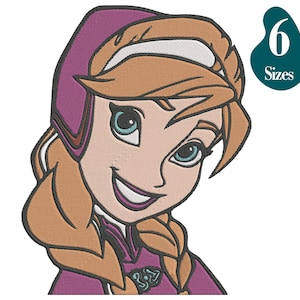 May include: Embroidered design of a cartoon character with auburn hair, blue eyes, and a purple hooded cloak. The character is smiling. A teal tag in the upper right corner reads "6 Sizes".