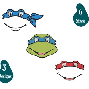 Turtles Masks Characters Inspired Machine Embroidery File Design, Turtle Faces, 3 Individual Design - 6 Sizes