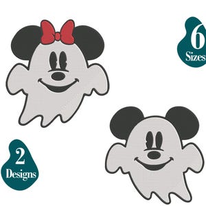 May include: Two ghost-shaped designs featuring Mickey and Minnie Mouse with black ears and smiling faces. One ghost has a red bow. The image includes text that says "6 Sizes" and "2 Designs".