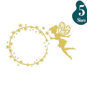 May include: Gold glitter fairy silhouette with a wand and a circle of stars around it. The fairy is flying to the left and the circle of stars is to the right. The text "5 Sizes" is in the upper right corner.