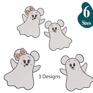 May include: Four cartoon ghost designs with mouse ears and smiling faces. Two ghosts have bows. The image includes the text "3 Designs" and "6 Sizes" in a teal-colored shape.