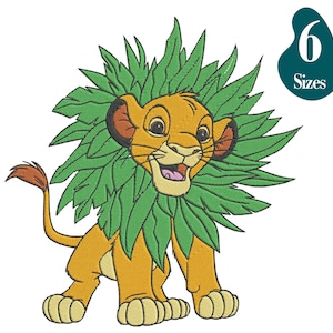 Diseño de bordado de Simba: El Rey León con hoja, 6 tamaños (descarga instantánea)
