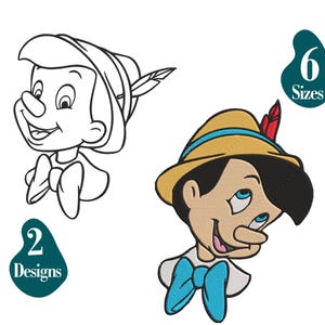 Pacchetto di disegni per ricamo a macchina con il volto di PINOCCHIO, 6 misure, 2 disegni, download immediato