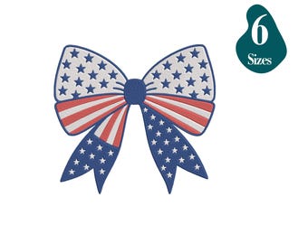 May include: A blue and red bow with a white star pattern, resembling the American flag. This design is available in six sizes.