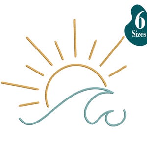 Sunshine Waves Embroidery Design Summer Sunset Sunrise Machine Embroidery Pattern, Sun with Sea Waves, 6 Sizes