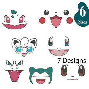 May include: Seven cartoon face designs in various colors, including green, pink, and brown. The image also includes the text "6 Sizes" and "7 Designs". The faces are stylized and appear to be from a popular animated series.