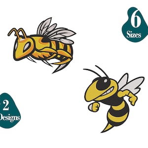 May include: Two cartoon bee designs, one with wings and one with a stinger, in yellow and black. The text "6 Sizes" and "2 Designs" is included in the image.