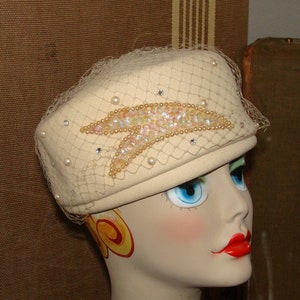 1950-60-70 Jackie Style Ladies Hat Glamour Felts NY Wool Cream Pearl Sequin Tall Round Pillbox netting Registered Union label USA Made 21-22