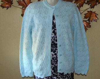 Wintuk Baby Blue Cardigan 1970s Vintage USA Made Sweater Scalloped Hem Long Sleeve Acrylic RN 22391 Union Label Button Front Knit